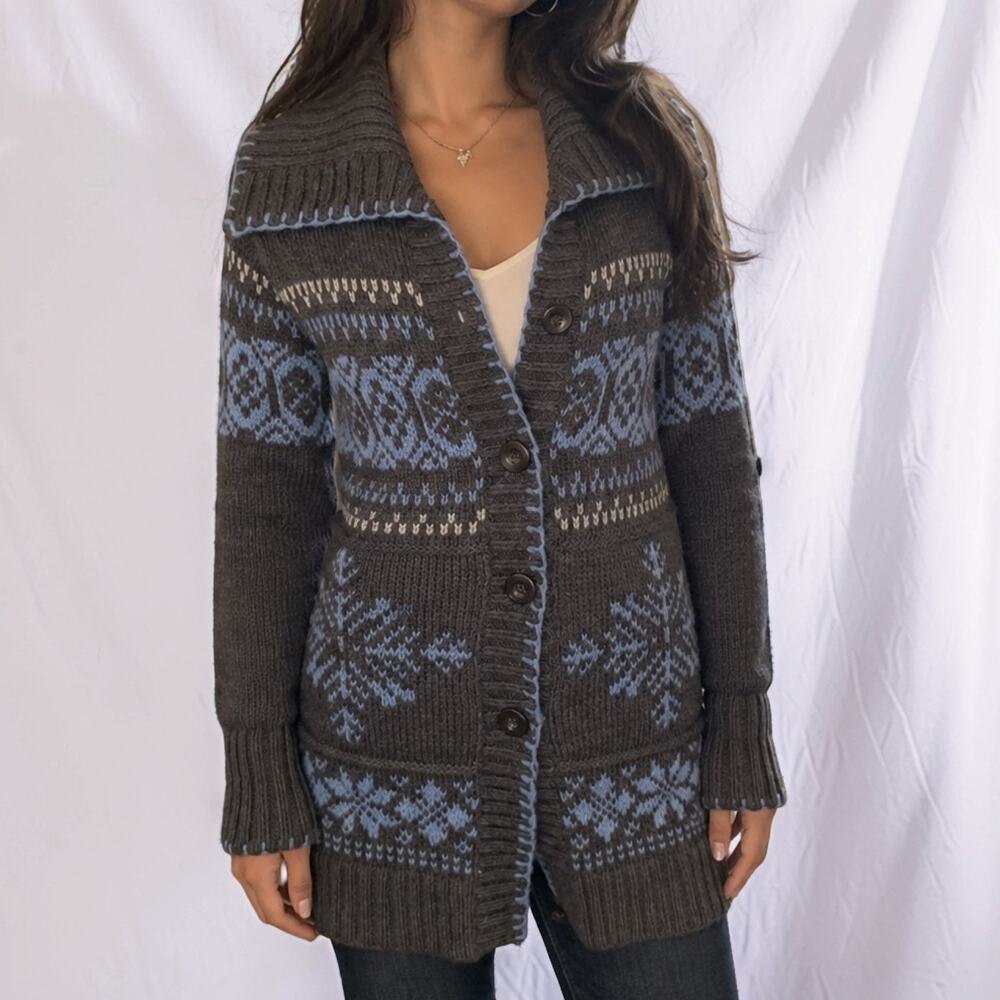 Eddie Bauer Fair Isle Knit Wool Alpaca Blend Cardigan Sweater Small